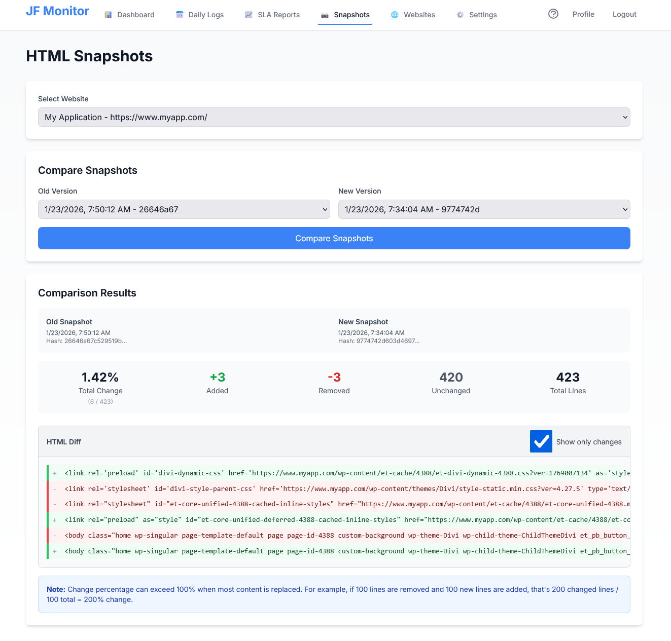 Snapshots showing HTML diff comparison